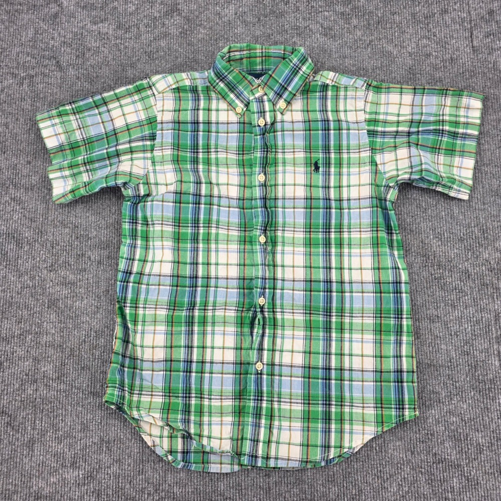 Polo Ralph Lauren Boys Size 7 Green Blue Plaid Short Sleeve Button Down Shirt